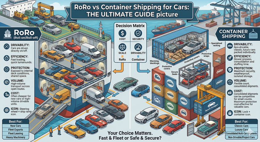RoRo versus container shipping comparison for cars
